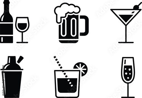 Black and white of various alcoholic drinks and cocktails
