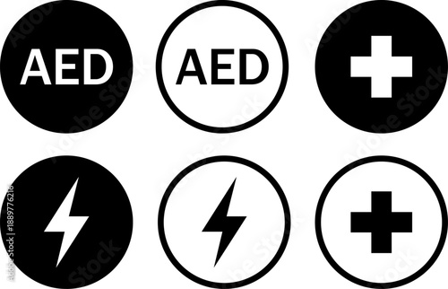 First aid symbols with aed and lightning bolts