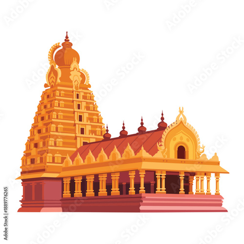 A vibrant illustration of a traditional Indian temple with intricate architecture and golden hues.