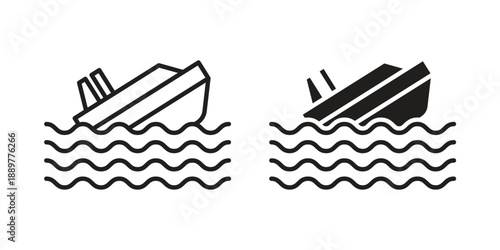 Sinking ship icons for design. Easily editable stroke. Modern flat design.