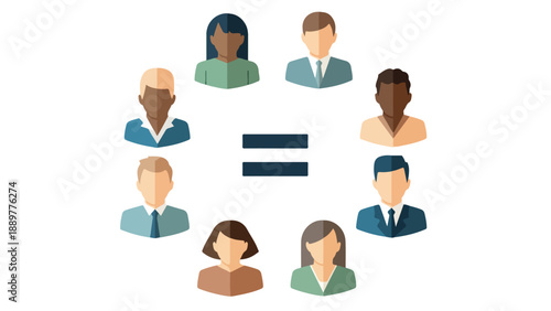 Illustration of diverse people icons forming a circle with an equality symbol in the center, promoting unity and anti-racism awareness on International Day of Elimination of Racial Discrimination.