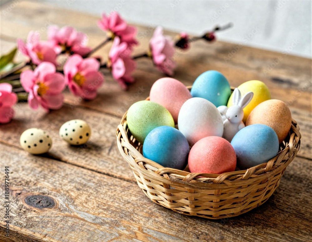Fototapeta premium Colorful Easter Eggs Basket with Flowers and Bunny Spoon, 3D
