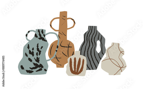 Ceramic vases. Pottery, handmade earthenware. Modern crockery craft. Imperfect irregular shaped stoneware art with textured pattern, organic form. Flat vector illustration isolated on white background