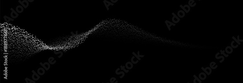 Flowing dots particles wave pattern white light gradient smooth curve shape isolated on black background. Vector in concept of technology, science, music, modern.