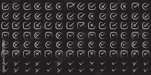 Check tick mark icon set. Cross box x check mark checkbox v list vector draw hand drawn brush marker checklist symbol wrong right Square Boxes. Vector Illustration