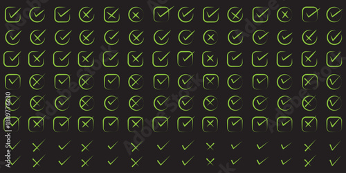 Check tick mark icon set. Cross box x check mark checkbox v list vector draw hand drawn brush marker checklist symbol wrong right Square Boxes. Vector Illustration