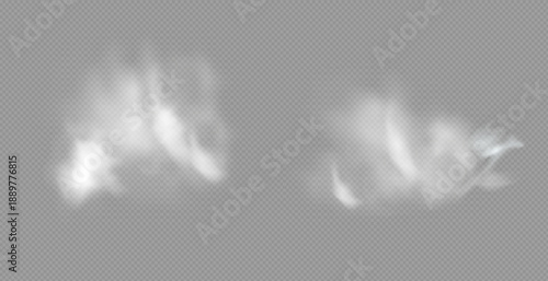 Realistic white fluffy clouds with fog or light smoke effect on a transparent background. Misty atmosphere element for overlaying on images, dramatic scenes or weather visual effects.