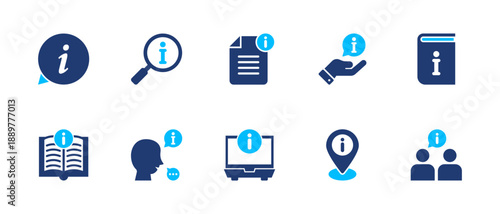 Info icon set. information, help, document, location, user. solid style icon collection.