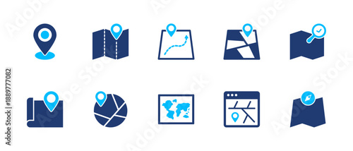 Map icon set. location pin, navigation, route, marker, map view. solid style icon collection.
