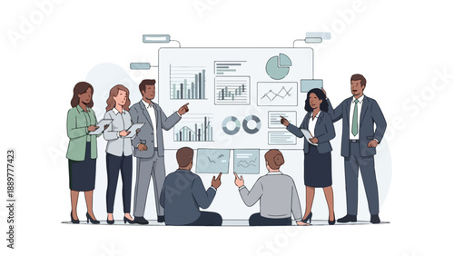 A diverse group of business professionals collaborating on a large infographic display promoting awareness and strategies for International Day of Elimination of Racial Discrimination and Anti-racism