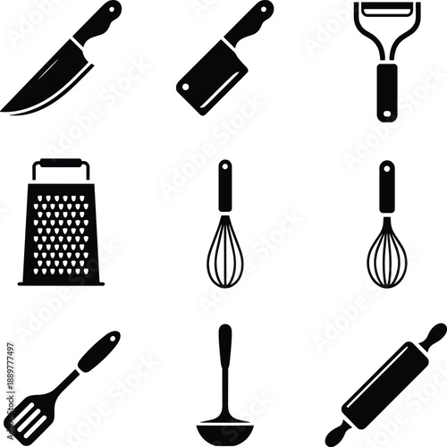 Black Kitchen Utensils Set on White Background knife