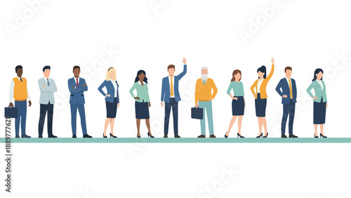 Illustration of a diverse group of business professionals standing in a line, promoting awareness and unity against racial discrimination on International Day of Elimination of Racial Discrimination.