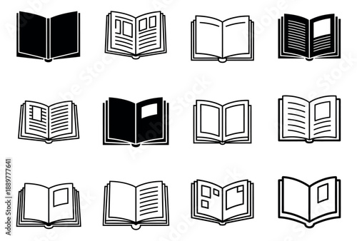 Black and white line art and solid open book icon set featuring various page layouts for education and reading applications