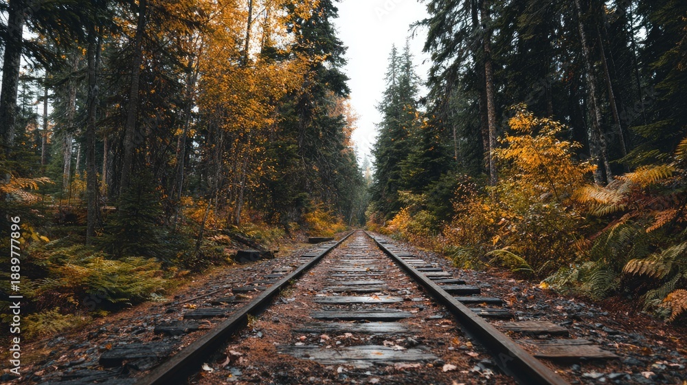 Obraz premium Train tracks through a forest in nature