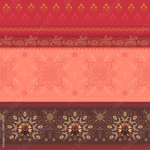Ethnic seamless pattern, Indian style background with floral paisley ornament and stylized peacock bird.