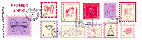 Whimsical Valentine stamps. Hand drawn postmarks, love letter stickers and doodle labels with bows, hearts, cupids and wedding elements. 