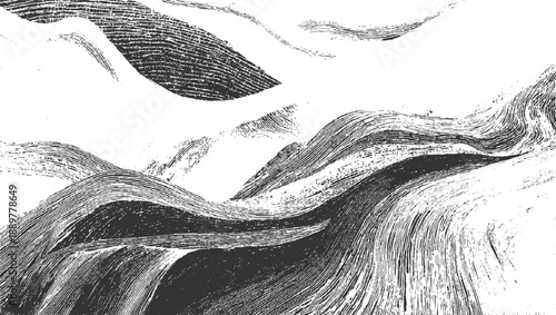 Abstract black and white textured waves and curves with a rough grainy effect
