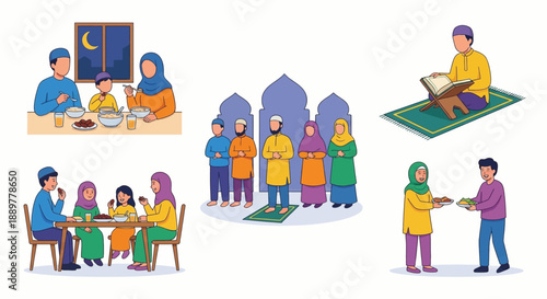 Muslim family and community celebrating Ramadan with food and prayer