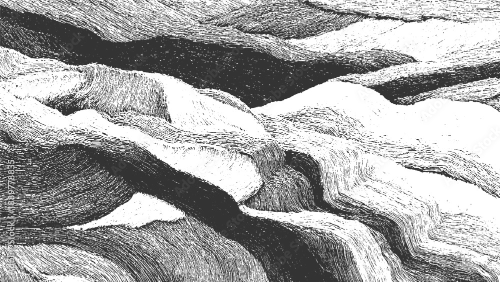 Naklejka premium Black and white textured abstract landscape with flowing lines and dramatic shadows