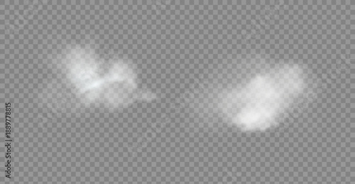Realistic white fluffy clouds with fog or light smoke effect on a transparent background. Misty atmosphere element for overlaying on images, dramatic scenes or weather visual effects.