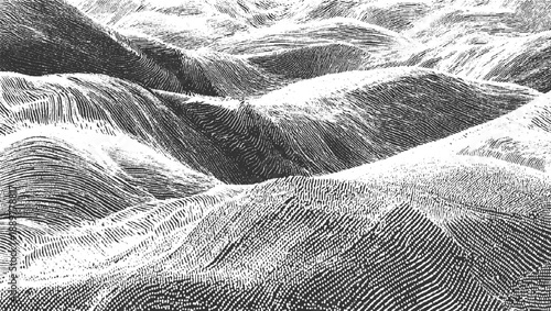 Abstract monochrome landscape of rolling hills with textured lines and dots