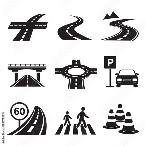 road and highway icons set, black and white illustration