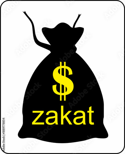 Minimalist vector illustration of money bags with a dollar sign and Zakat text, symbolizing Islamic charity, wealth distribution, and religious financial obligation for Muslim donors