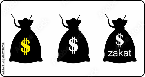 Minimalist vector illustration of money bags with a dollar sign and Zakat text, symbolizing Islamic charity, wealth distribution, and religious financial obligation for Muslim donors