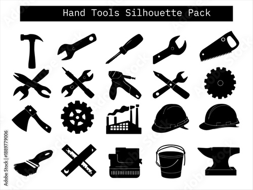 Vector silhouettes of hand tools and construction items including drill, axe, hard hat, and paintbrush
