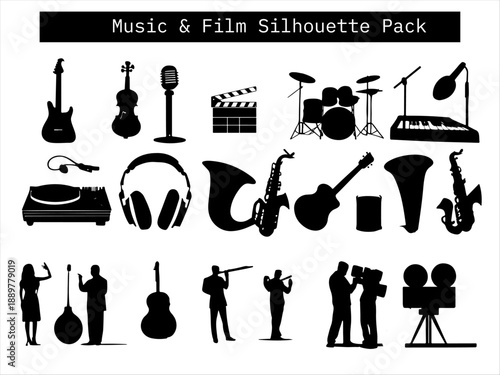 Vector silhouettes of musical instruments, performers, and film equipment including guitar, saxophone, and camera crew