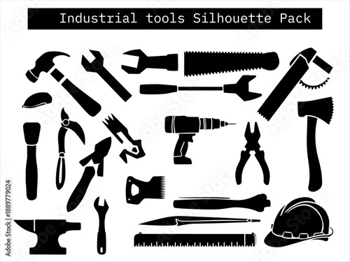 Vector silhouettes of tools and equipment including hammer, wrench, gear, factory, and hard hats.