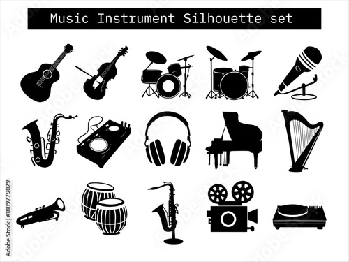 Vector silhouettes of musical instruments and audio gear including piano, harp, tabla, and record player.