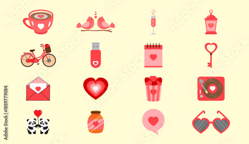Collection of Valentine’s Day love heart themed elements in flat vector style