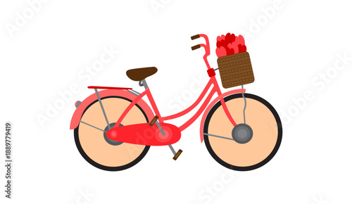 Cute pink bicycle illustration decorated with flowers and gift basket for Valentine’s Day.