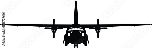 Front view silhouette of a military transport aircraft isolated on a white background representing aviation and cargo logistics.