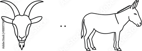Goat head and donkey outline illustrations isolated minimalist black line vector farm animal set design rural livestock icon collection