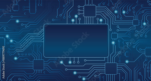 Abstract blue digital circuit board background with microchip technology elements