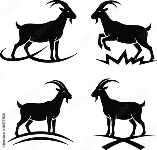 Goat silhouette icon set showing standing walking and jumping poses for farming wildlife and logo design concepts branding