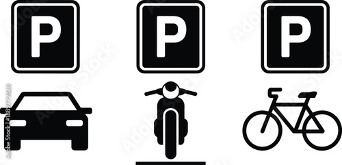 Three black parking signs with car motorcycle and bicycle