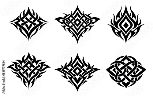 Tribal ornamental designs set featuring intricate celtic knot patterns for graphic design