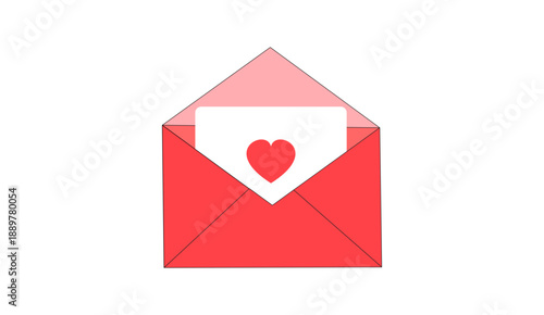 Flat vector illustration of a love greeting card inside an open envelope with heart symbol