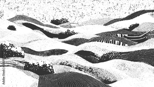 Stylized monochrome landscape with rolling hills and textured foliage black white
