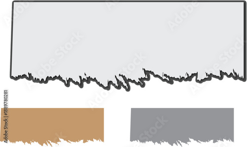 A digital illustration of three torn paper rectangles with rough edges in gray brown and white colors