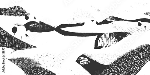 Abstract monochrome landscape with textured hills and sparse trees