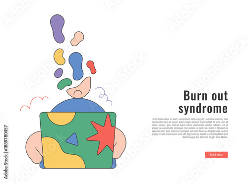 Flat illustration of stressed man working on laptop, burnout syndrome concept with abstract shapes, mental health and work stress, minimal style for business and wellness design.
