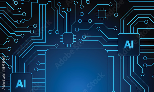 Artificial Intelligence AI processor chip on digital motherboard background
