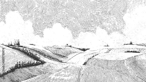 Black and white line of rolling hills and fields under a cloudy sky