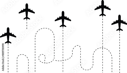 Black airplanes with dotted flight paths dotted lines