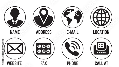 Eight labeled contact icons in circular layout, representing identity and communication methods for business use.