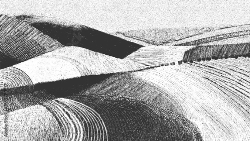 Black and white abstract stippled landscape with rolling hills and textured fields
